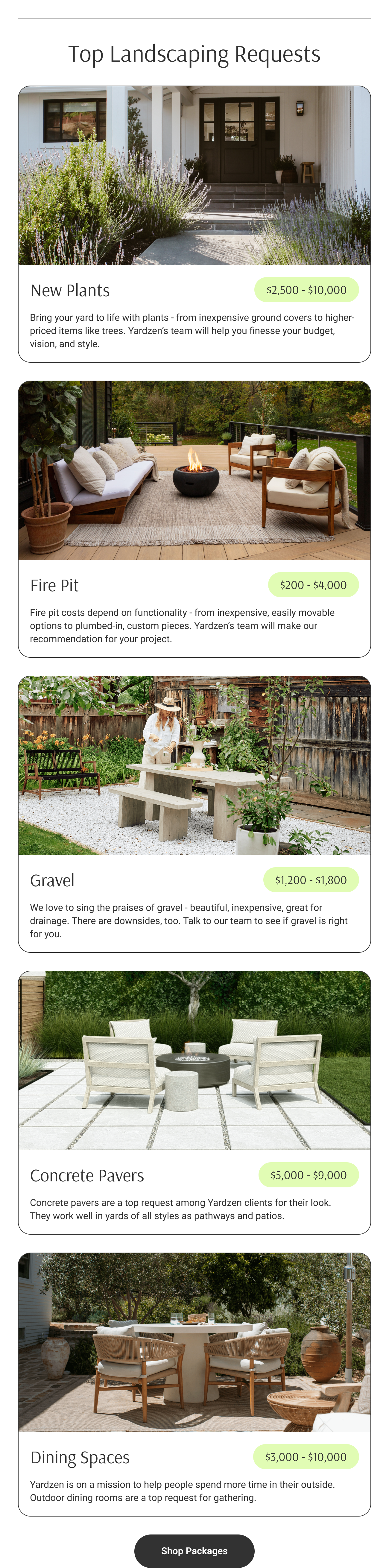 Top Landscaping Requests: New Plants, Fire Pit, Gravel, Concrete Pavers, Dining Spaces. Shop Plans