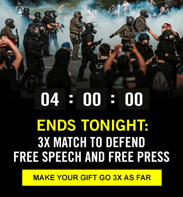Image of ICE agents and protesters in a cloud of tear gas with a countdown clock and text that reads, 
