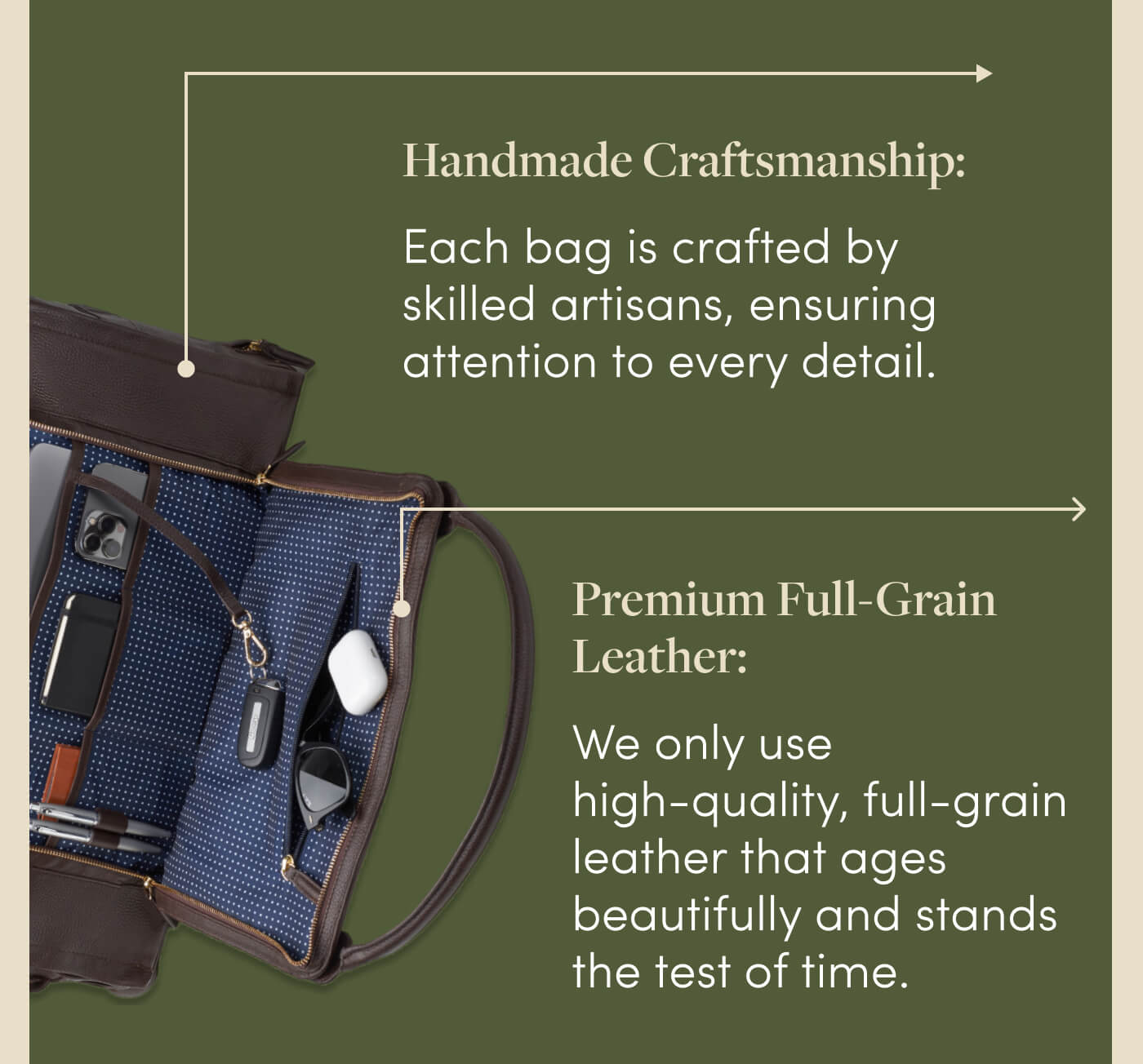 Handmade Craftsmanship: Each bag is crafted by skilled artisans, ensuring attention to every detail. // Premium Full-Grain Leather: We only use high-quality, full-grain leather that ages beautifully and stands the test of time.