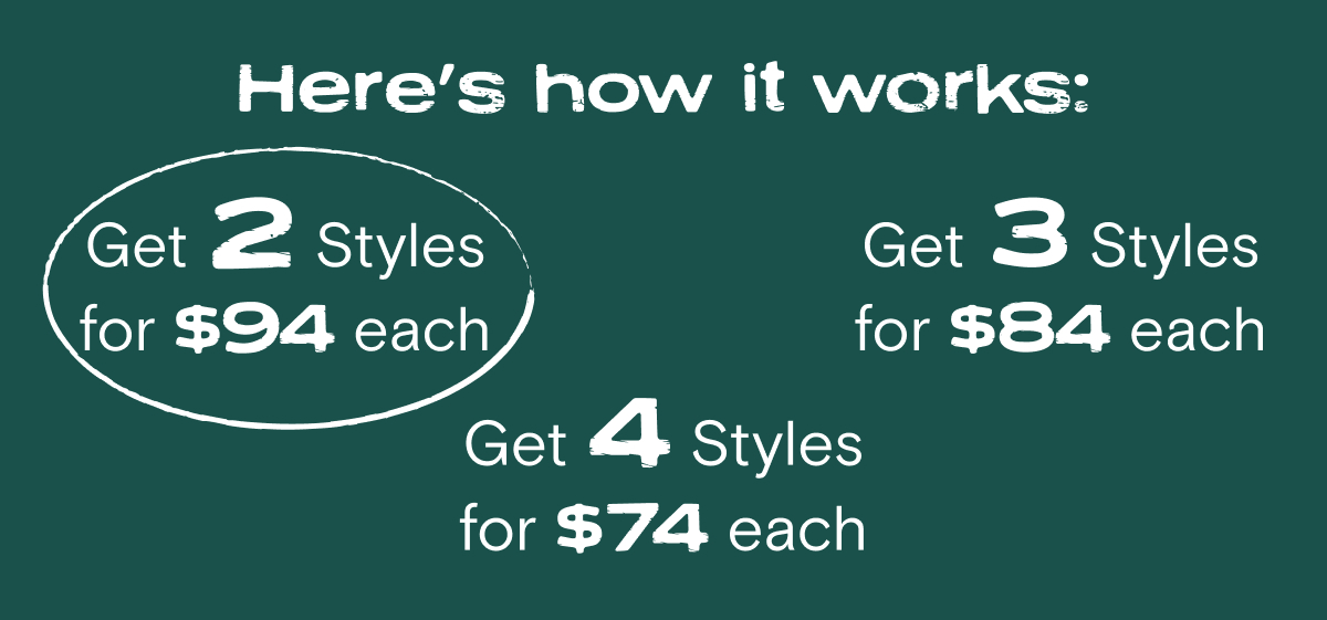 2 for $94, 3 for $84, 4 for $74