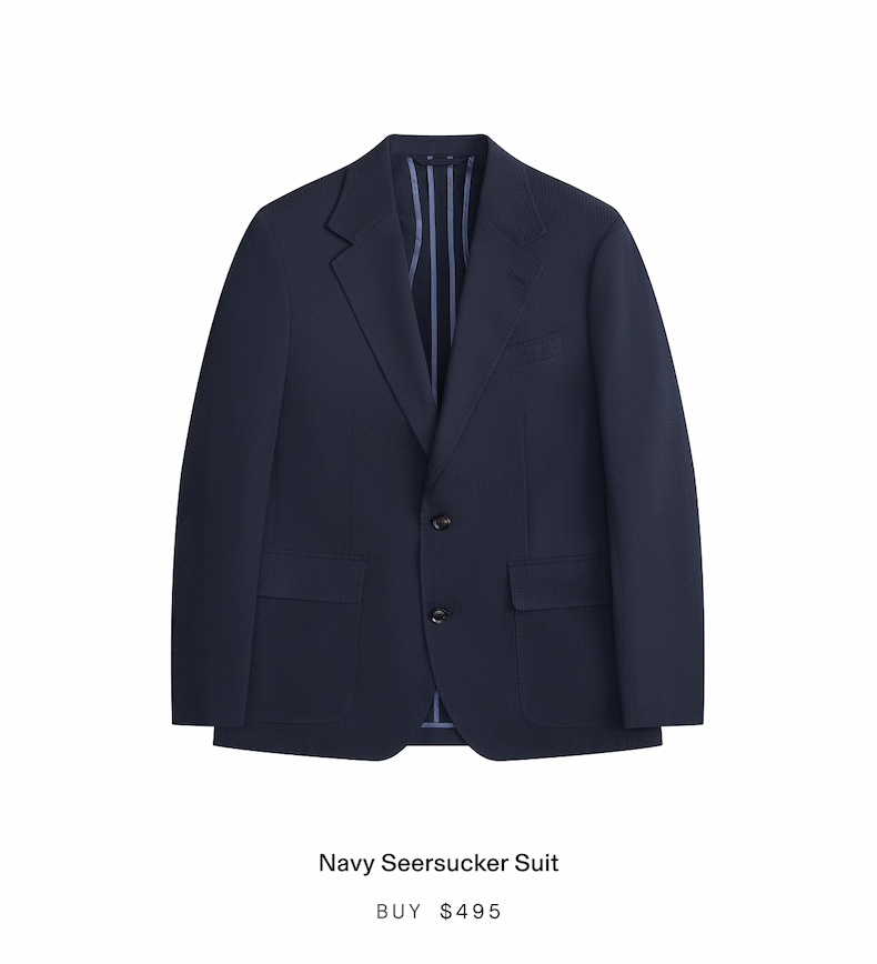 Navy Seersucker Suit A navy cotton blend seersucker suit with notch lapels, patch pockets, a double button closure, and subtle stretch. Includes jacket and pants.  $495