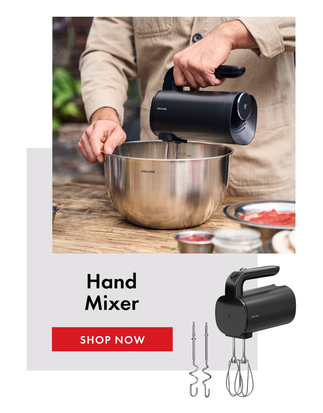 The Hand Mixer: Whisk together wet and dry ingredients. Includes beaters and dough hooks.