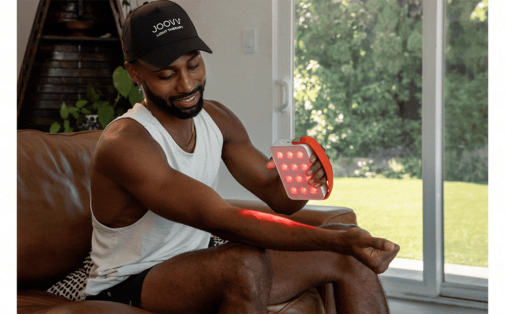 Slideshow of images showing men and women using the Joovv Go 2.0 red light therapy device to treat their body with red and near-infrared light.