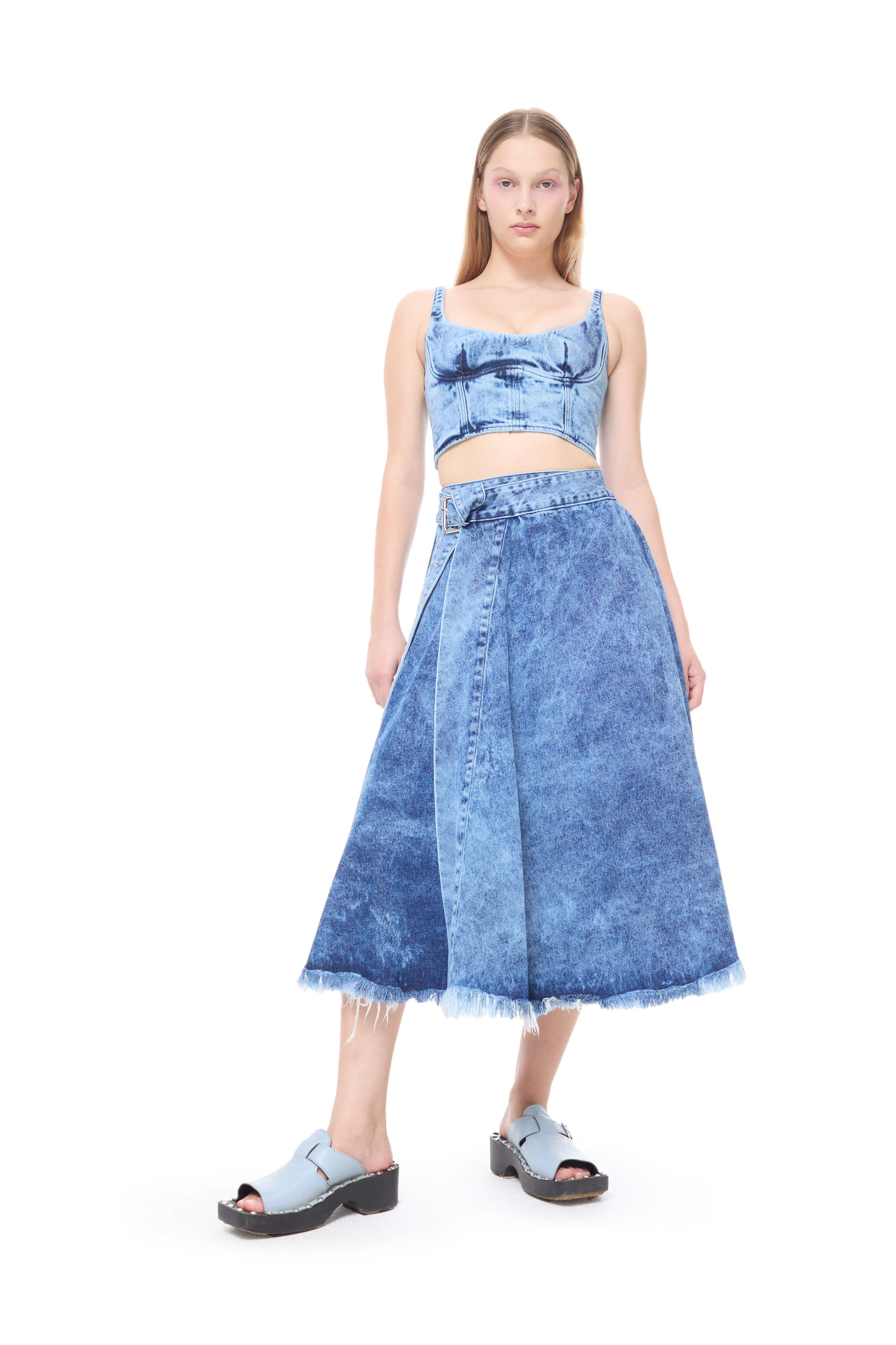 BLUE ACID WASH MIDI SKIRT WITH BUCKLE FASTENING