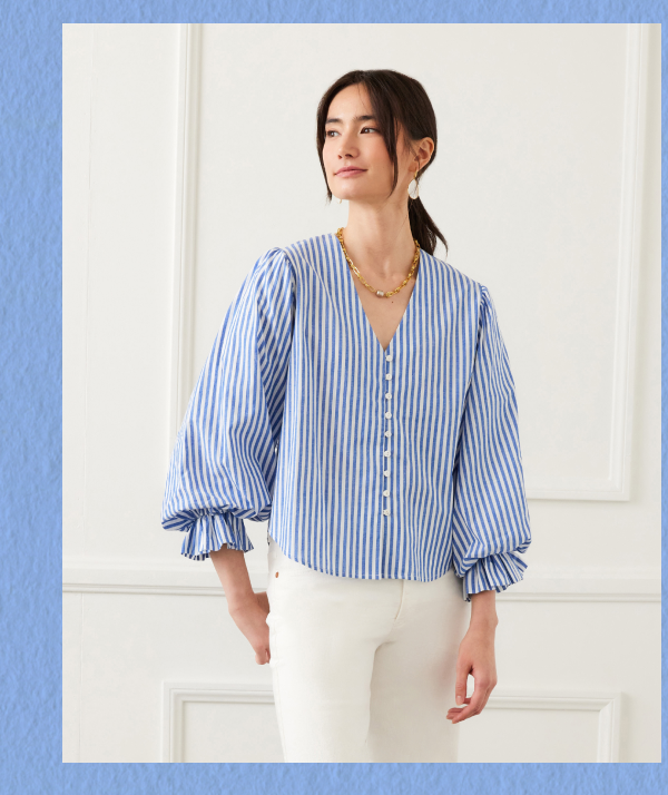 Stripe Layered Sleeve Shirred Blouse
