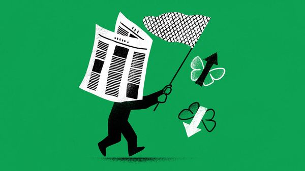 Illustration of a man with a newspaper over his face chasing butterflies with a net, one butterfly's body is an upwards facing arrow, the other is a downwards facing one