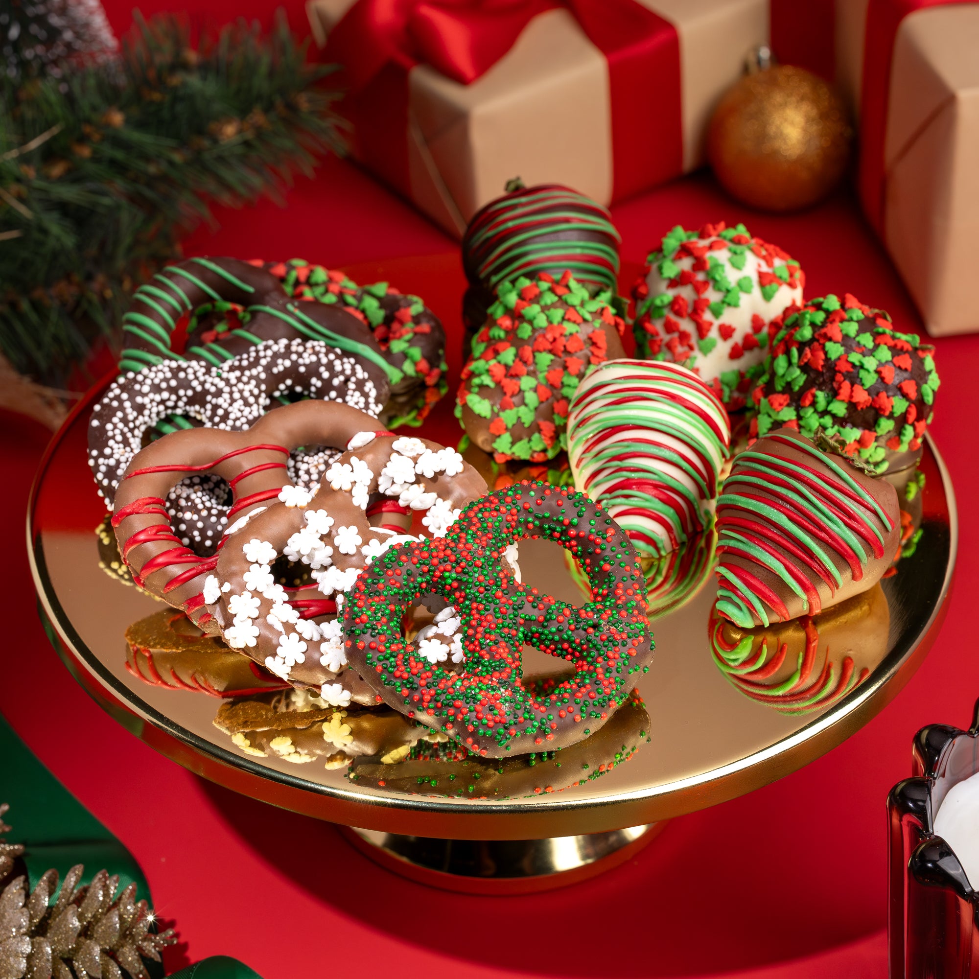 Image of Holiday Hand-Dipped Belgian Chocolate Strawberries & Pretzels