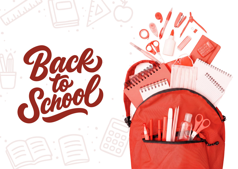 Red backpack filled with school supplies beside a “Back to School” message on a white background.