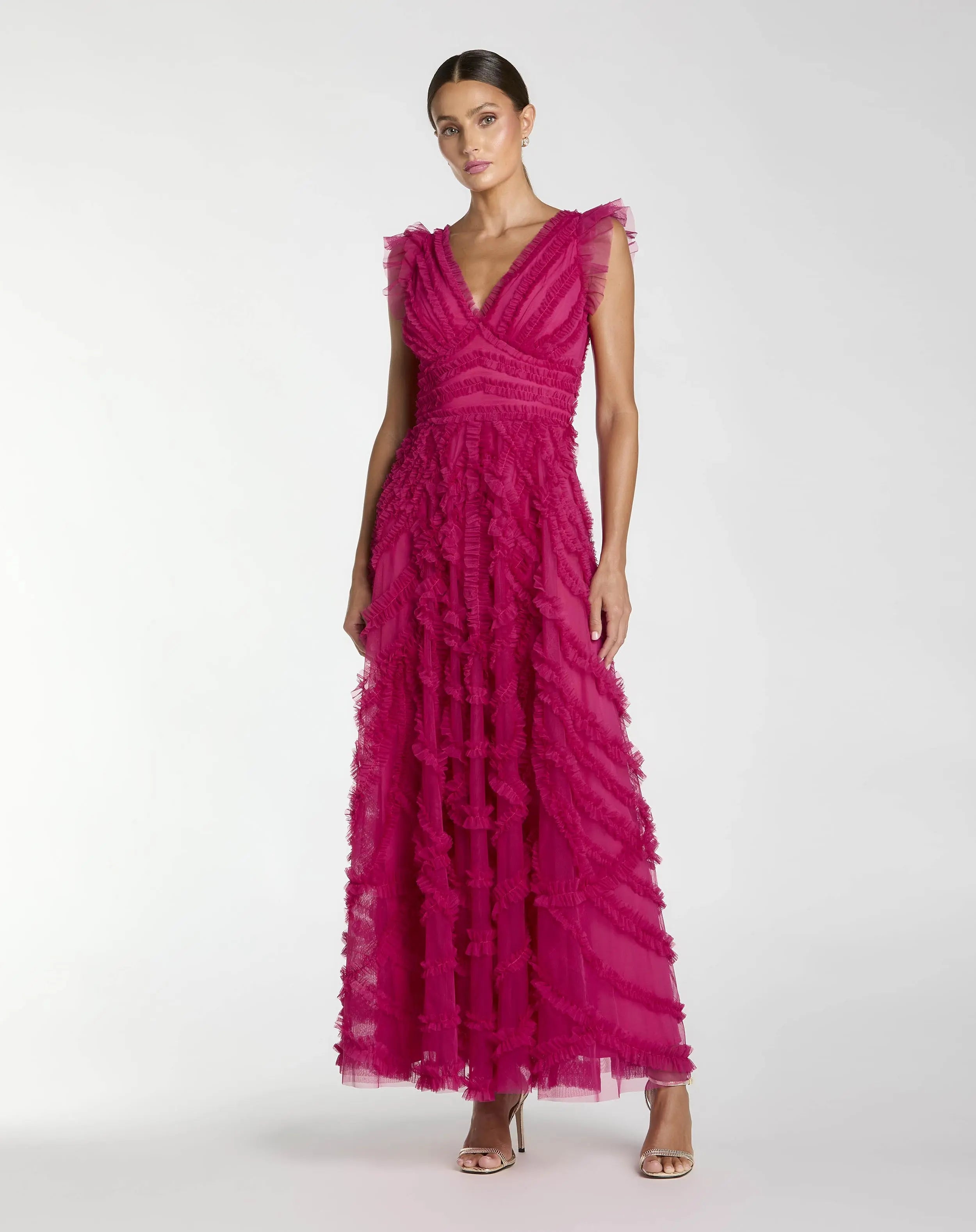 Image of Pink V-Neck Cap Sleeve Ruffle Maxi Dress