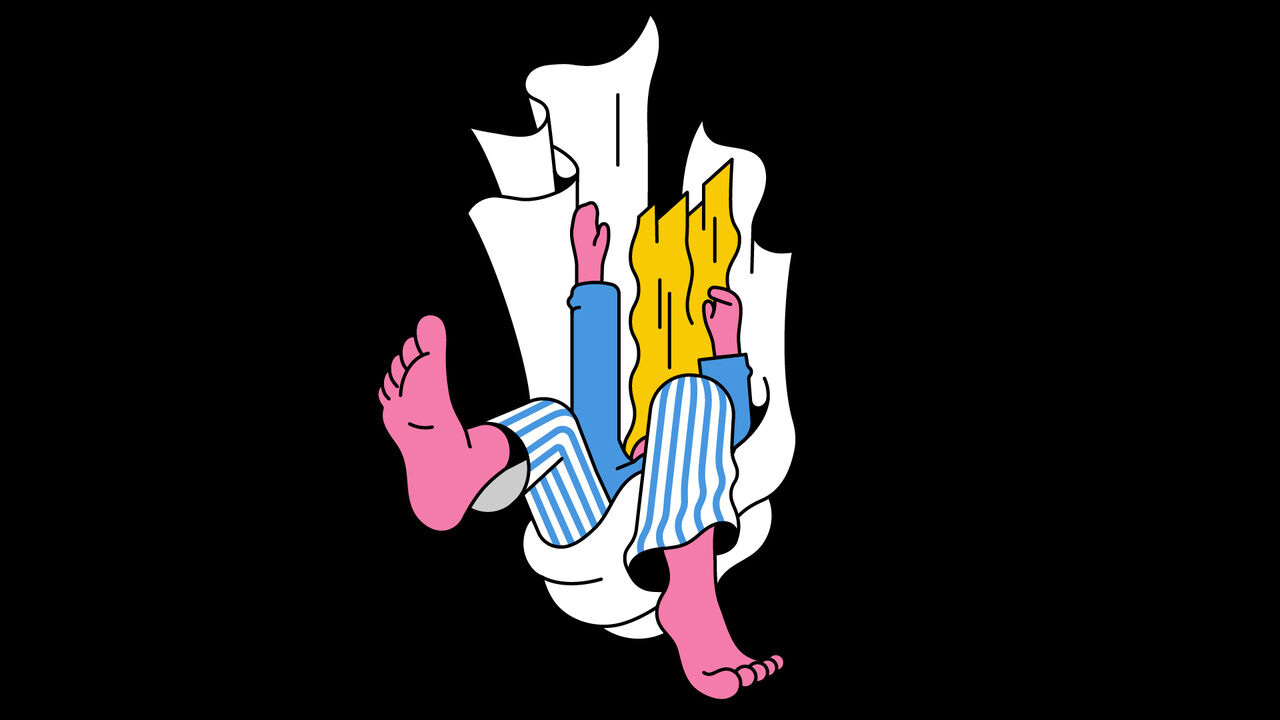 A person falling and tangled in their bed sheet