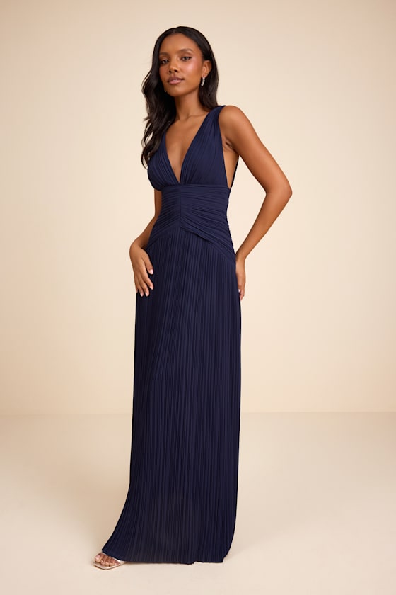 Image of Kelina Navy Blue Pleated Drop Waist Maxi Dress