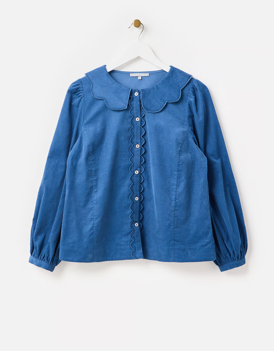 Blue Corduroy Scalloped Button Up Collar Shirt