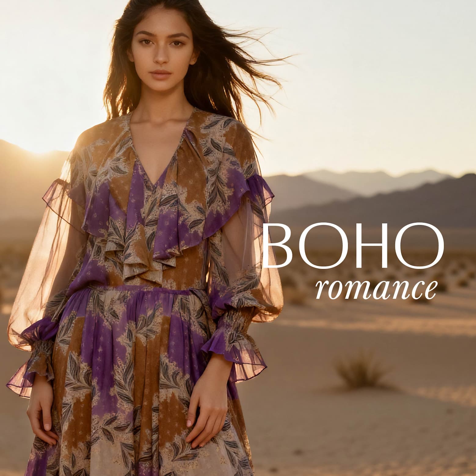 woman in desert wearing flowing printed dress