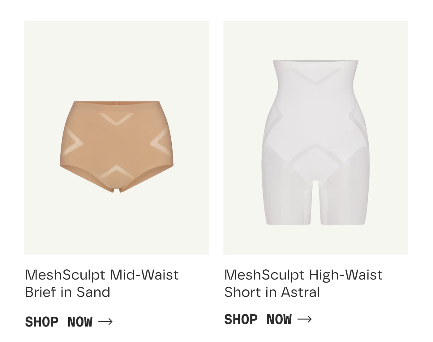 MeshSculpt Mid-Waist Brief in Sand | SHOP NOW | MeshSculpt High-Waist Short in Astral | SHOP NOW