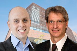 Christopher Jewell and Jonathan Bromberg portraits with Clark Hall in the background