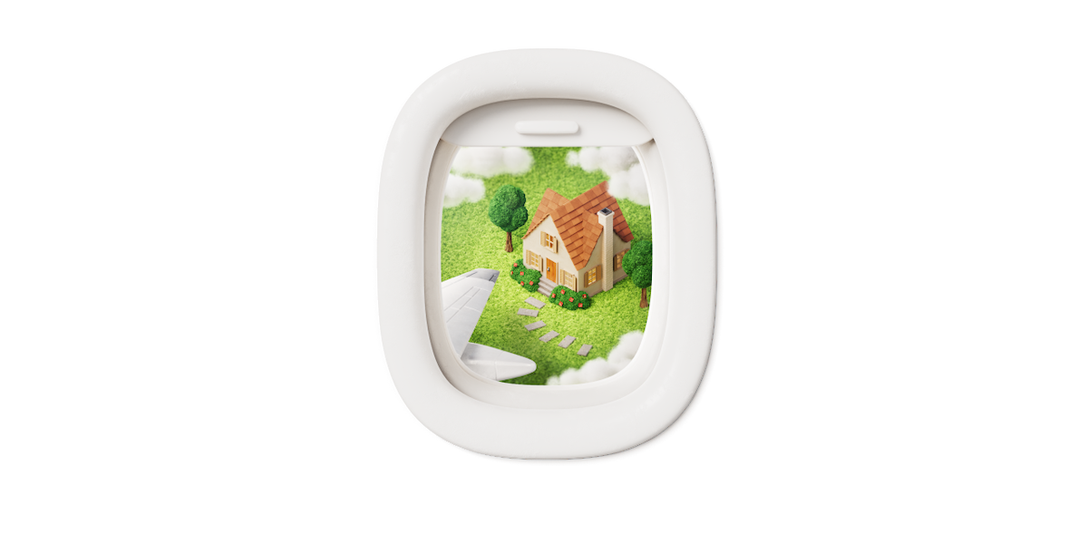 Illustration of a house and trees framed by an airplane window.