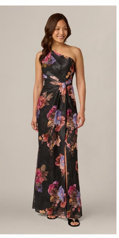 One Shoulder Knot Waist Floral Chiffon Gown In Black Multi
