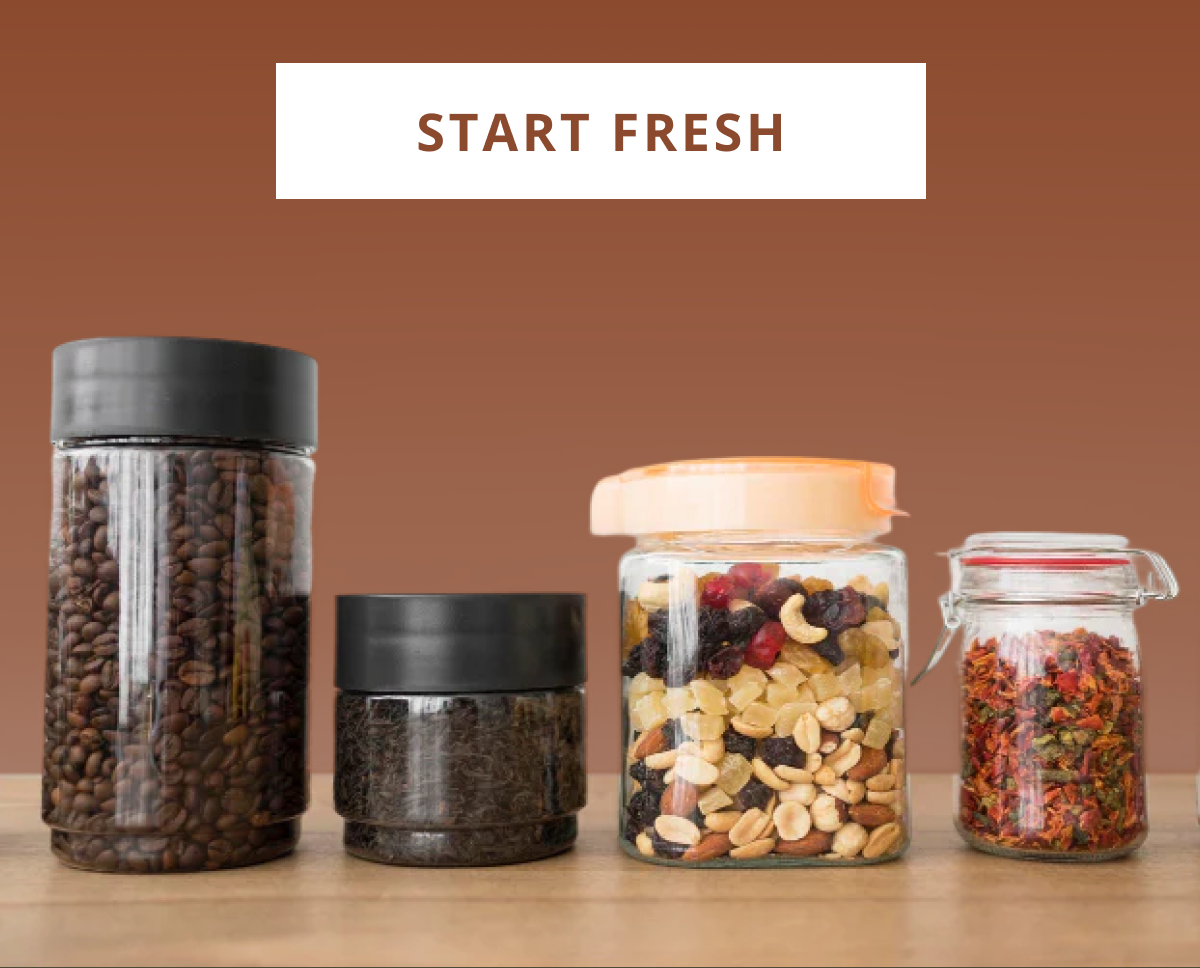 Aesthetic storage jars filled with coffee, spices, and dry goods, showing a clean and modern way to organize everyday kitchen essentials