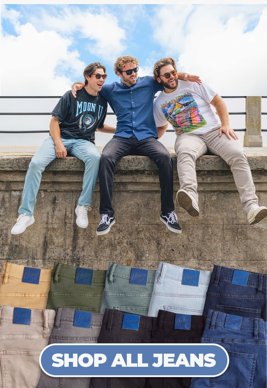 IMG of men on the harbor people watching in jeans. Shop all jeans.