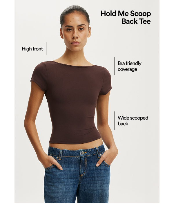 Click to shop Hold Me Scoop Back Tee featuring a High front, bra friendly coverage and a wide scooped back.