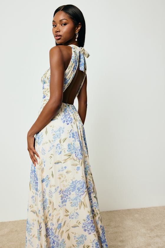 Image of Sintra Beige and Blue Floral Pleated Backless Maxi Dress