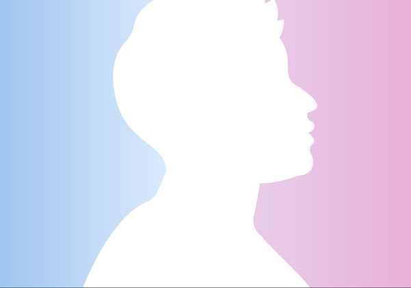 Silhouette of a person's side profile in white against a split pastel blue and pink background, with no visible facial features or identifying details.