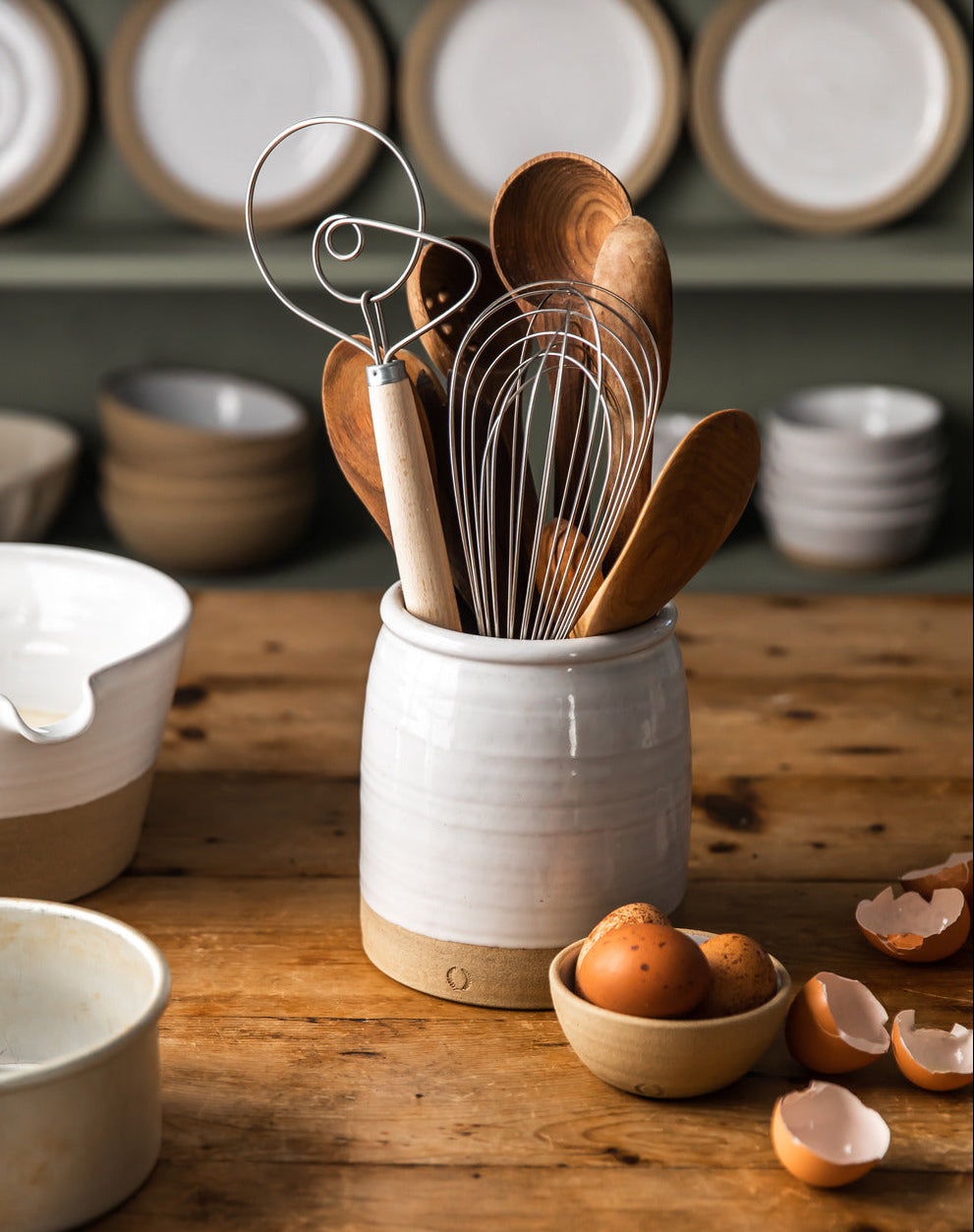 Crocks styled in a spring kitchen