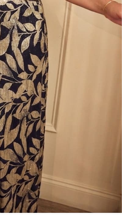 Plus Size Foil Leaf Short Sleeve Gown With Draped Details In Navy Gold
