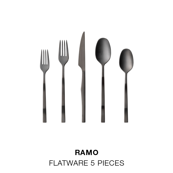 Ramo flatware 5-piece sets in Polished, Brushed and Brushed Black finishes; Riviera dinner plate and hydrangea leaf dish; Margarida set of 6 recycled glass wine glasses