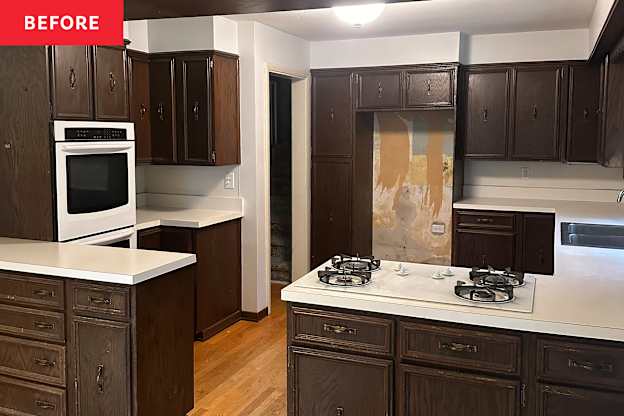 Before and After: She Replaced Her Dark, Awkward 90s Kitchen Cabinets with Soft Oak and Pink Tiles