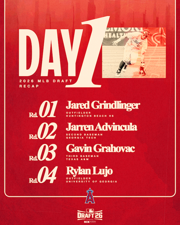 Day 1 2026 MLB Draft Recap: Rd. 01, Jared Grindlinger, Outfielder, Huntington Beach HS, Rd. 02, Jarren Advincula, Second Baseman, Georgia Tech, Rd. 03, Gavin Grahovac, Third Baseman, Texas A&M, Rd. 04, Rylan Lujo, Outfielder, University of Georia. 2026 MLB Draft presented by Nippon Express.