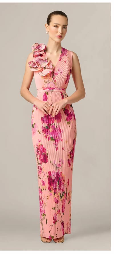 Floral Flounce Shoulder Pleated Gown In Pink Multi