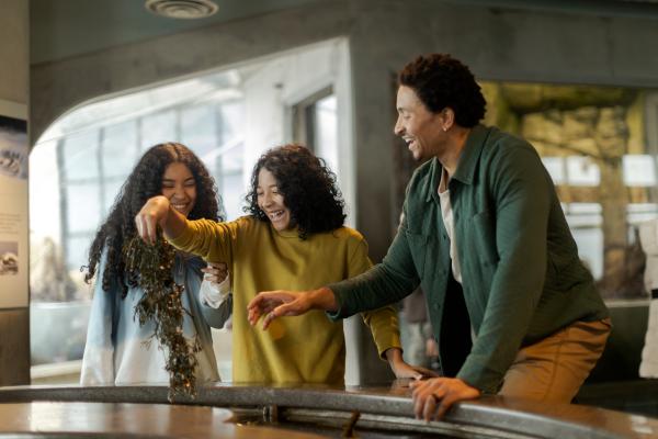 Three smiling people look at a piece of algae at an aquarium touch pool
