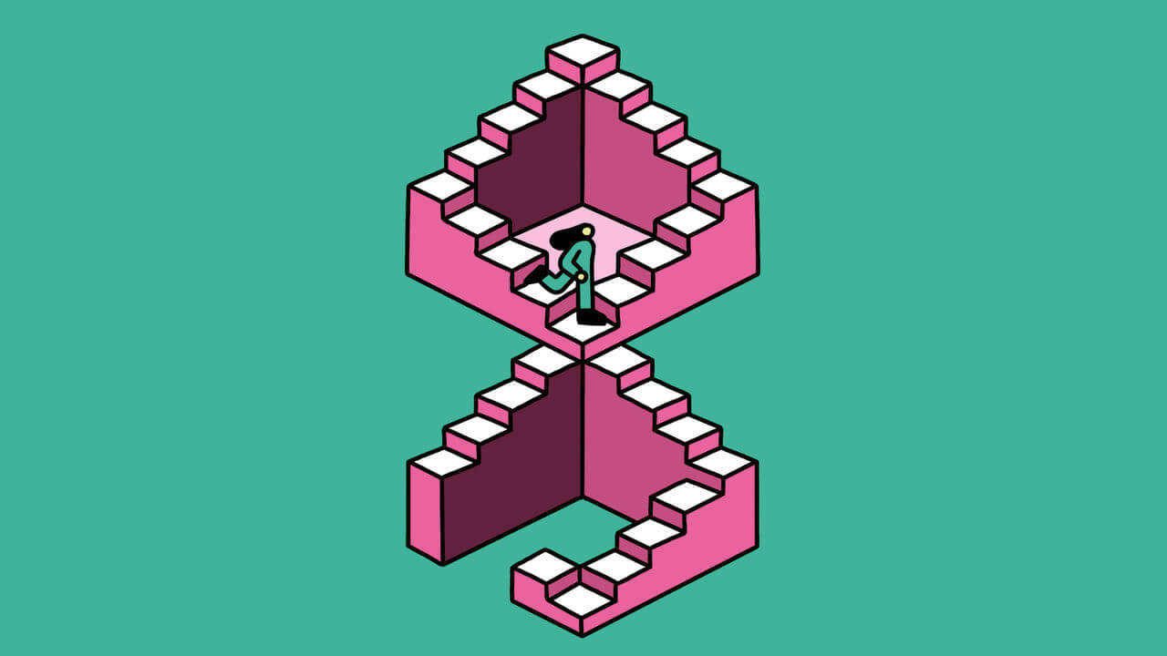 A woman going down stairs made in a loop and with a gap in them.