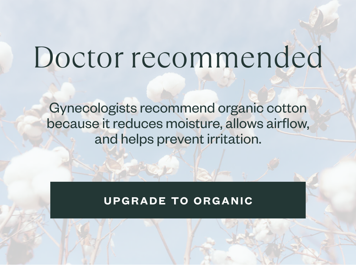Cotton flower background with text explaining gynecologists recommend organic cotton for airflow, moisture reduction, and irritation prevention.