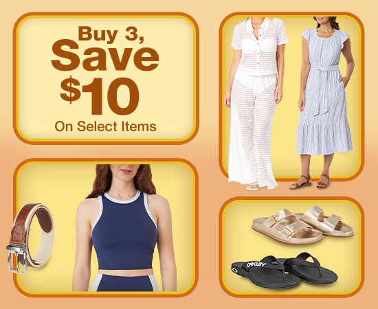 Buy 3 and save $10 on select apparel items
