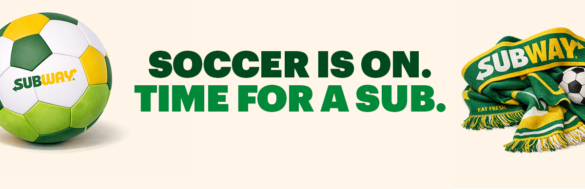 Subway® promotional email highlighting gametime eats in the App or online. Headline text reads “Soccer’s on, savings are live! Time for a sub.” Below highlithes the offer a $6.99 footlong. Additional text encourages checking the app for deals and features a button labeled “Kick it off” and “Order for gametime,” with “Soccer is on. Time for a sub.” at the bottom. The email finishes with a section reminding guests that when USA wins, so do they with 40% Off a Footlong.