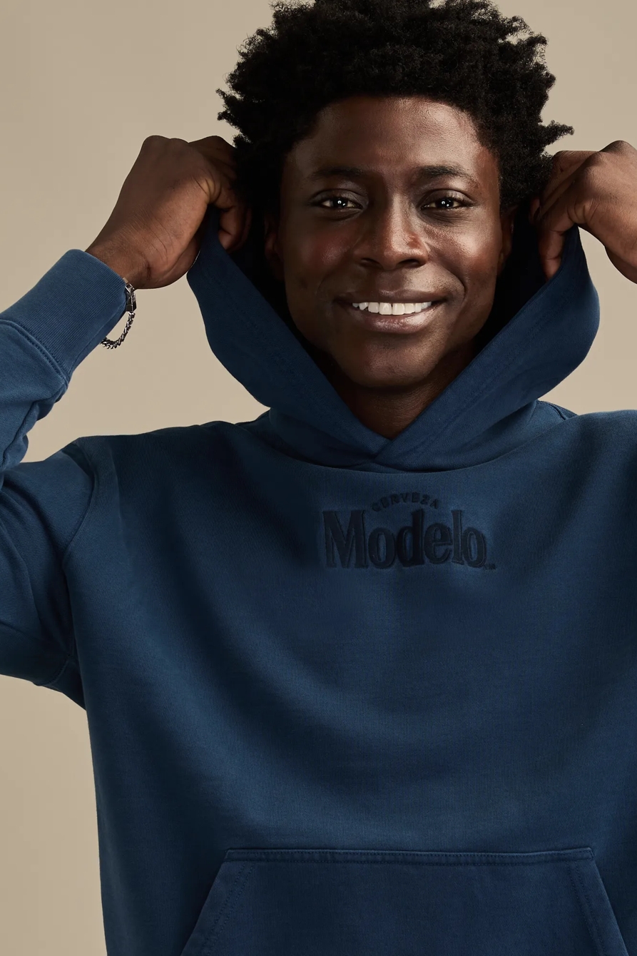 Image of Lucky Brand Modelo Logo Hoodie - Men's Clothing Outerwear Sweatshirts Crewneck Hoodies in Insignia Blue