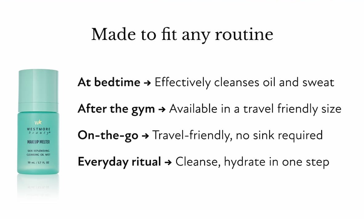 Made to fit any routine At bedtime → Effectively cleanses oil and sweat After the gym → Available in a travel friendly size On-the-go → Travel-friendly, no sink required Everyday ritual → Cleanse, hydrate in one step
