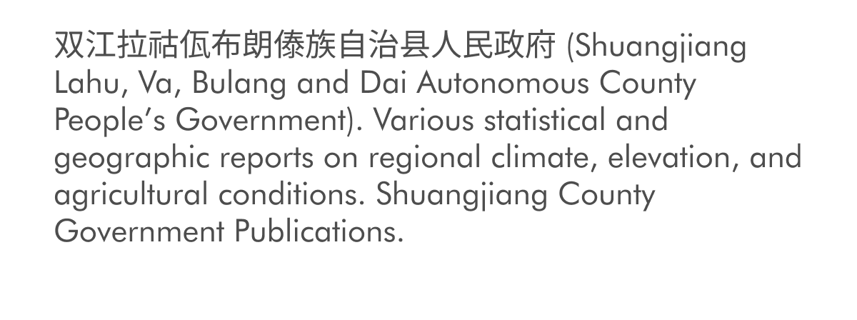 双江拉祜佤布朗傣族自治县人民政府 (Shuangjiang Lahu, Va, Bulang and Dai Autonomous County People’s Government). Various statistical and geographic reports on regional climate, elevation, and agricultural conditions. Shuangjiang County Government Publications.