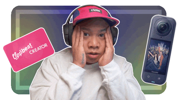 A gif of Kev from The Creator's Cut, an Insta360 camera and an Uppbeat Creator subscription gift card