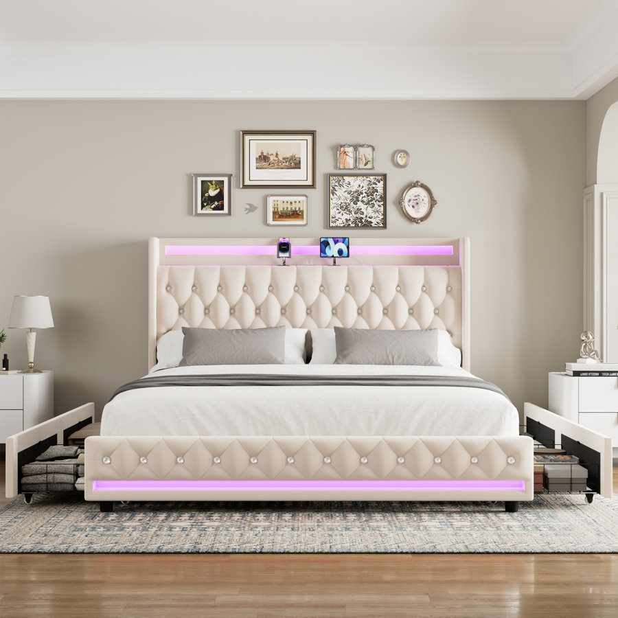 Glastonbury Upholstered Wingback Bed, 4 Drawers Storage Bed with LED Light