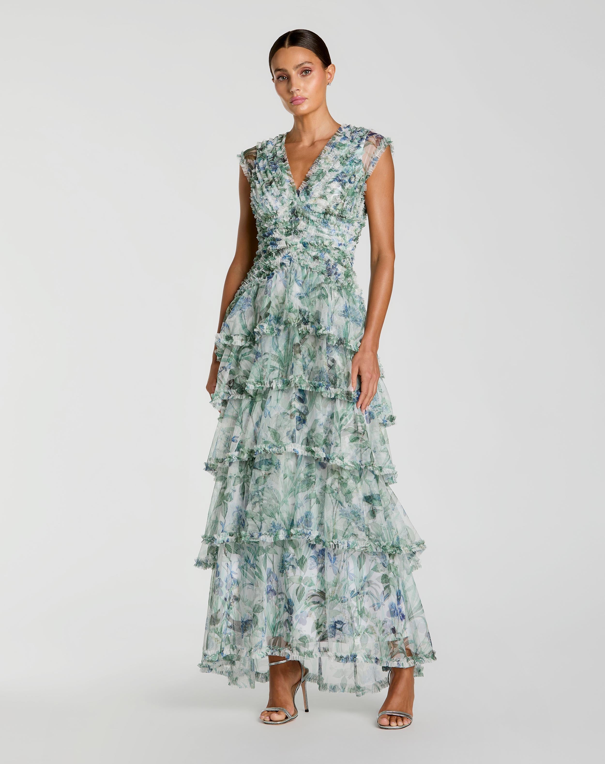 Image of Blue Floral V Neck Tiered Ruffle Maxi Dress