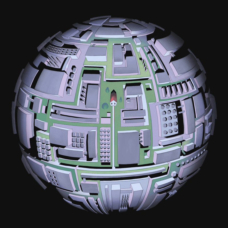 The world covered in data centers except for a small farmhouse in the center