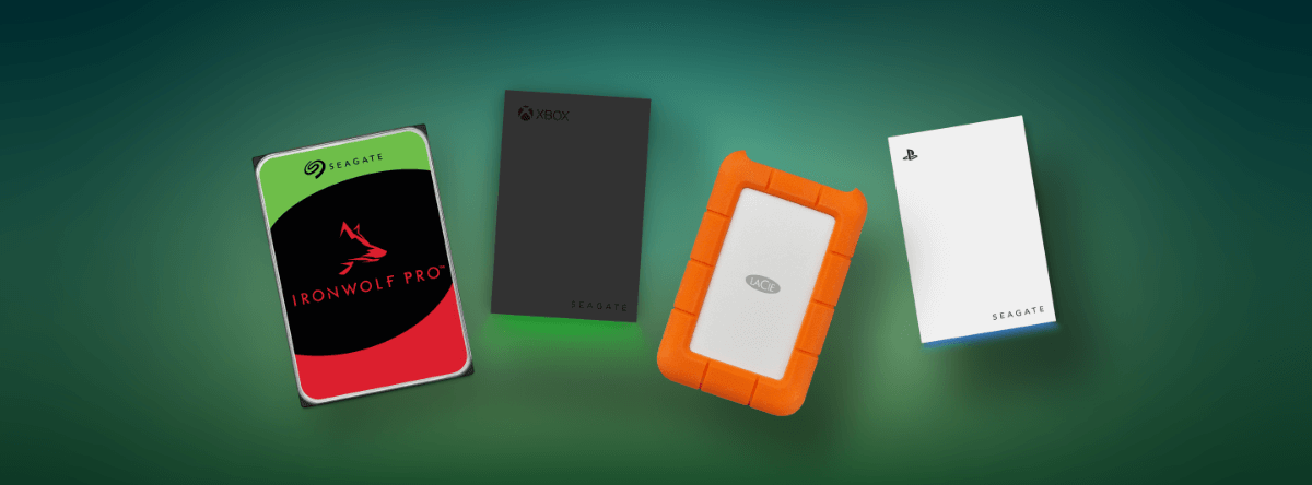 A selection of Seagate and LaCie storage devices against a green gradient background - an IronWolf Pro, a Seagate Portable Drive, a LaCie Rugged USB-C and a Game Drive for PS5.