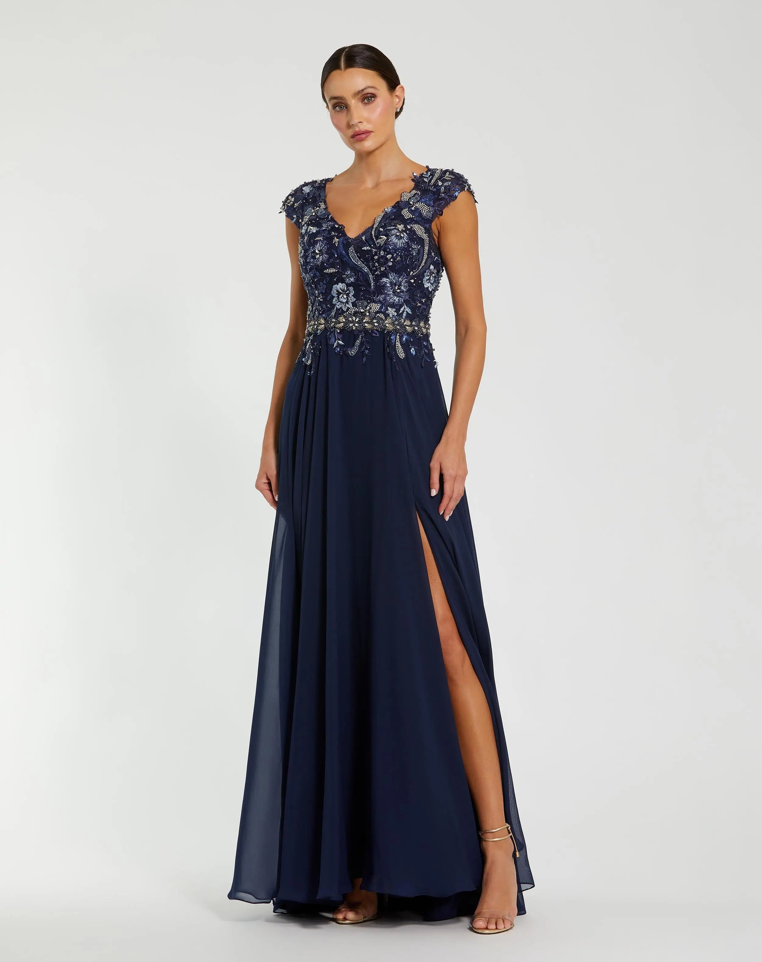 Image of Navy Embellished Chiffon Cap Sleeve A-Line Gown