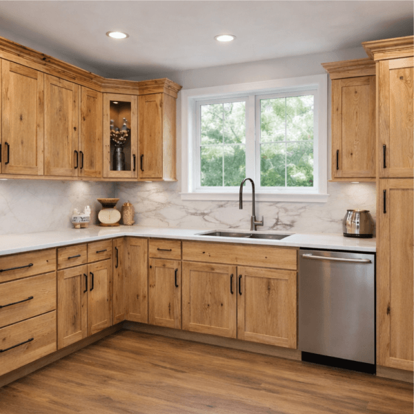 Rustic kitchen with wooden cabinets and window.