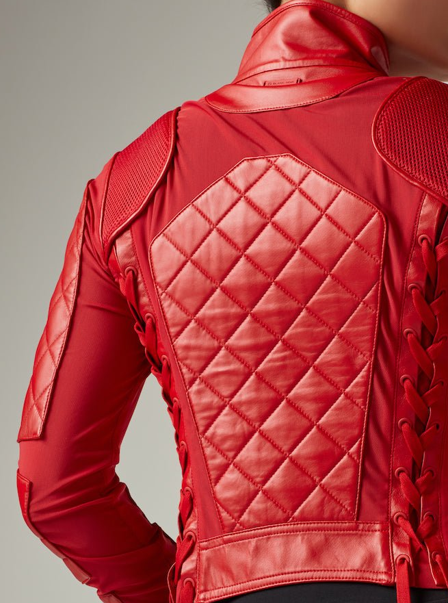 Image of Genuine Leather Panel Classic Leather Mesh Moto Jacket - Haute Red with Lace Up Back