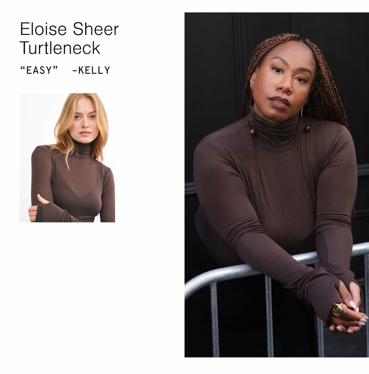 Kelly Augustine wears The Eloise Sheer Turtleneck, leaning on a railing.