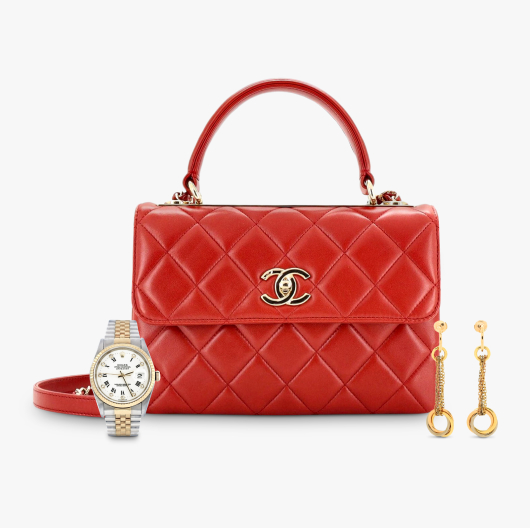 A two-tone Rolex Datejust watch, a red Chanel Trendy CC flap bag, and a pair of gold Cartier Trinity drop earrings sit against a white background.